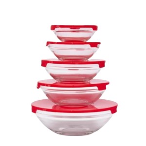 Kit 5 Potes de Vidro com Tampa Vermelha Redondo