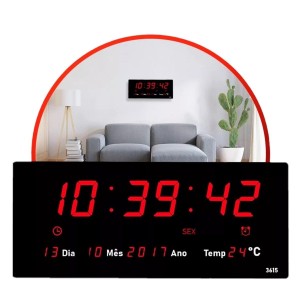 Relogio Parede Led Digital Grande Calendario Temperatura Estrutura Preto Fundo Vermelho
